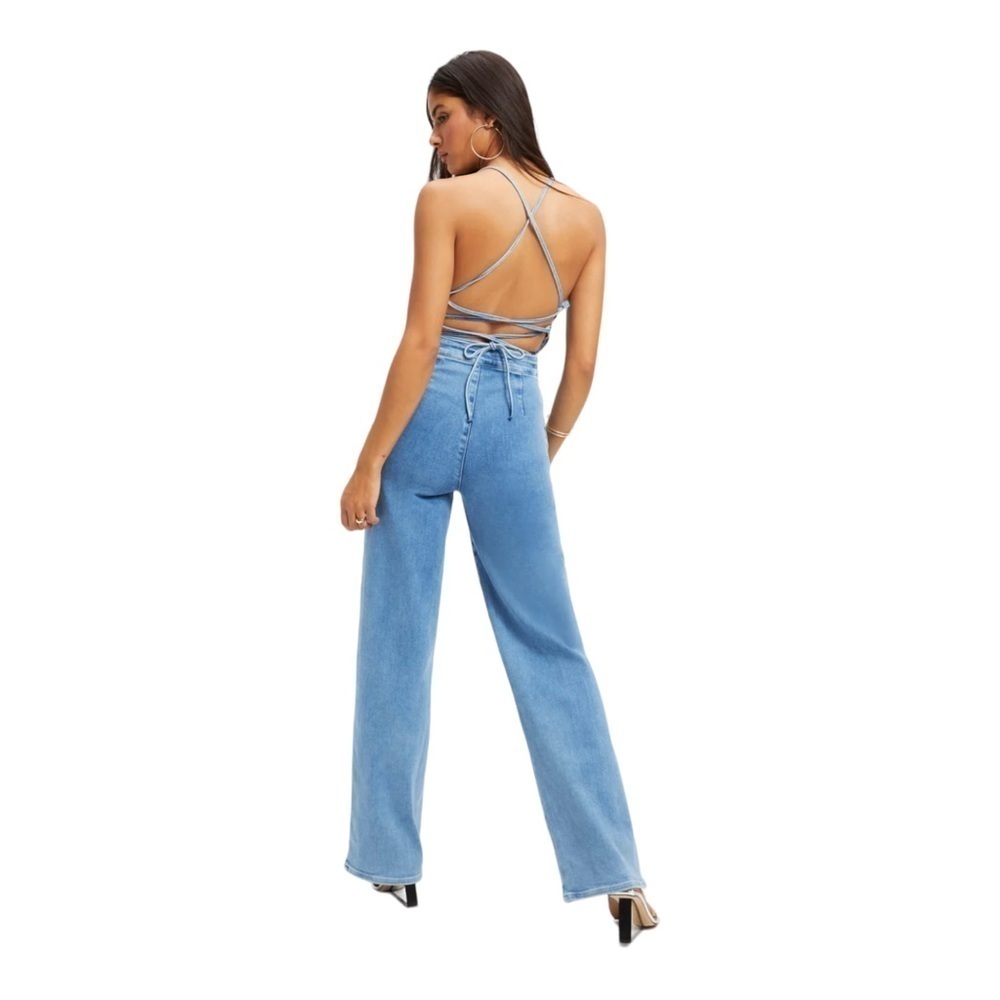 GOOD AMERICAN Vacay Denim Tie Back Flare Leg Jumpsuit NWT Size 0 - Picture 11 of 13